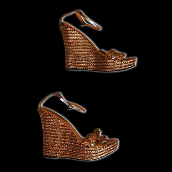 El Dante’s Vintage Y2K Couture Peachy Pink Metallic Nude Wedge Sandal Platforms